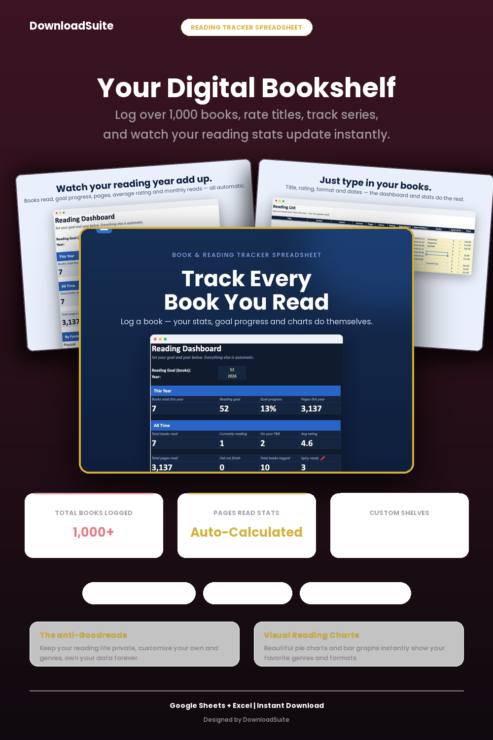 Book Tracker & Reading Log Spreadsheet (Google Sheets & Excel)