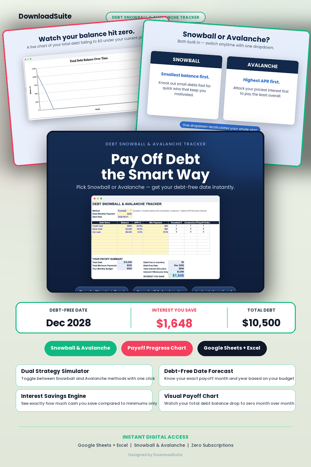 Debt Snowball & Avalanche Payoff Calculator (Google Sheets & Excel)